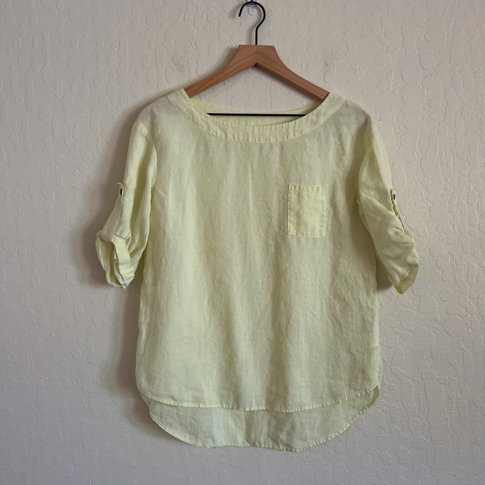 Rumere 100% Linen 3/4 Roll Tab Sleeve Crewneck Pocket Blouse Top Small Green